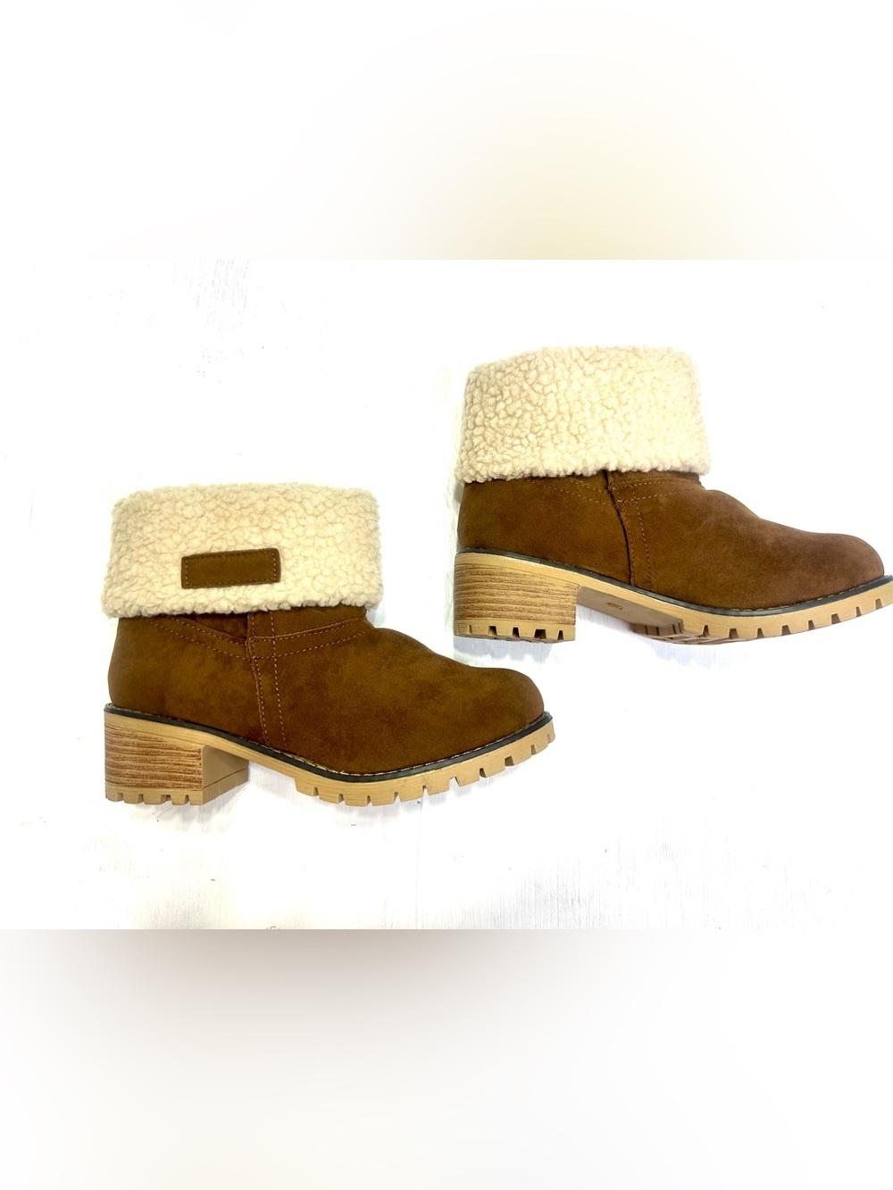 Women’s Brown Sherpa Cuff Ankle Boots Size 39 US 8.5 Faux Suede Lug Sole - Picture 4 of 12